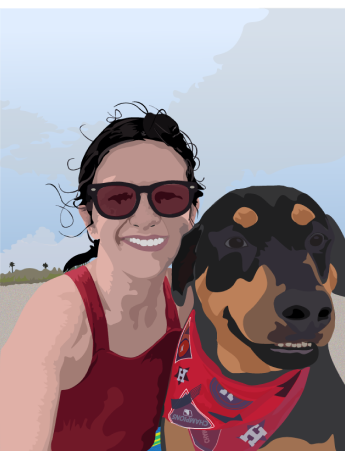 An illustration created by Jenna Crump of Jenna and her rottweiler Wreks at the beach